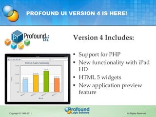 PROFOUND UI VERSION 4 IS HERE!



                             Version 4 Includes:

                              Support for PHP
                              New functionality with iPad
                               HD
                              HTML 5 widgets
                              New application preview
                               feature


Copyright © 1999-2011.                           All Rights Reserved.
 