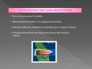 FUNCIONES DE LOS OBJETIVOS
 Sirven de guía para le estudio
 Determinan los límites y la amplitud del estudio
 Orientan sobre los resultados eventuales que se espera obtener
 Permiten determinar las etapas del proceso del estudio a
realizar
 