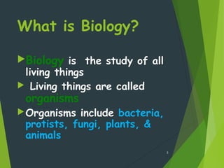 What is Biology?
Biology is the study of all
living things
 Living things are called
organisms
Organisms include bacteria,
protists, fungi, plants, &
animals
3
 