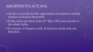 ARCHITECT’S ACT,1972 
An Act to provide for the registration of architects and for 
matters connected therewith. 
It has...