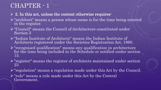 CHAPTER - 1 
 2. In this act, unless the context otherwise requires- 
 "architect" means a person whose name is for the ...