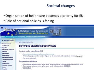 • Organisation of healthcare becomes a priority for EU
• Role of national policies is fading
Societal changes
 