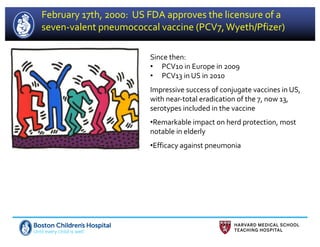 February 17th, 2000: US FDA approves the licensure of a
seven-valent pneumococcal vaccine (PCV7,Wyeth/Pfizer)
Since then:
• PCV10 in Europe in 2009
• PCV13 in US in 2010
Impressive success of conjugate vaccines in US,
with near-total eradication of the 7, now 13,
serotypes included in the vaccine
•Remarkable impact on herd protection, most
notable in elderly
•Efficacy against pneumonia
 