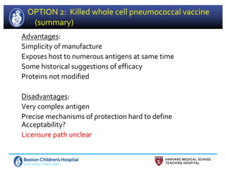 OPTION 2: Killed whole cell pneumococcal vaccine
(summary)
Advantages:
Simplicity of manufacture
Exposes host to numerous antigens at same time
Some historical suggestions of efficacy
Proteins not modified
Disadvantages:
Very complex antigen
Precise mechanisms of protection hard to define
Acceptability?
Licensure path unclear
 