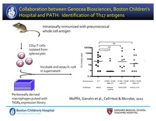 Collaboration between Genocea Biosciences, Boston Children’s
Hospital and PATH: Identification of Th17 antigens
Intranasally immunized with pneumococcal
whole cell antigen
CD4+T cells
isolated from
splenocytes
Incubate and assay IL-17A
in supernatant
Peritoneally derived
macrophages pulsed with
TIGR4 expression library
Mofffit, Gierahn et al., Cell Host & Microbe, 2011
 