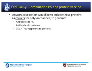OPTION 4: Combination PS and protein vaccine
• An attractive option would be to include these proteins
as carriers for polysaccharides, to generate
• Antibodies to PS
• Antibodies to proteins
• CD4+ Th17 responses to proteins
 