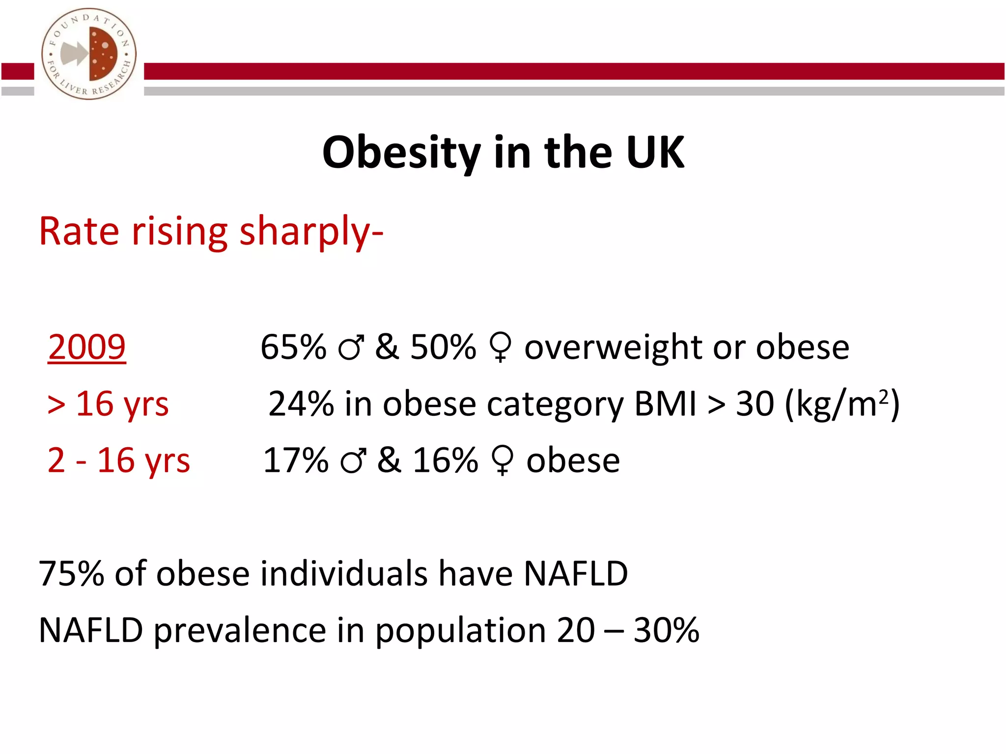 Obesity in the UK
Rate rising sharply-

2009         65% ♂ & 50% ♀ overweight or obese
> 16 yrs     24% in obese category BMI > 30 (kg/m2)
2 - 16 yrs   17% ♂ & 16% ♀ obese

75% of obese individuals have NAFLD
NAFLD prevalence in population 20 – 30%
 