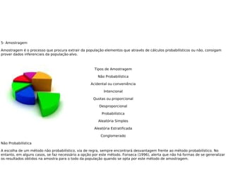 5- Amostragem
Amostragem é o processo que procura extrair da população elementos que através de cálculos probabilísticos ou não, consigam
prover dados inferenciais da população-alvo.
 
Tipos de Amostragem
Não Probabilística
Acidental ou conveniência
Intencional
Quotas ou proporcional
Desproporcional
Probabilística
Aleatória Simples
Aleatória Estratificada
Conglomerado
Não Probabilística
A escolha de um método não probabilístico, via de regra, sempre encontrará desvantagem frente ao método probabilístico. No
entanto, em alguns casos, se faz necessário a opção por este método. Fonseca (1996), alerta que não há formas de se generalizar
os resultados obtidos na amostra para o todo da população quando se opta por este método de amostragem.
 