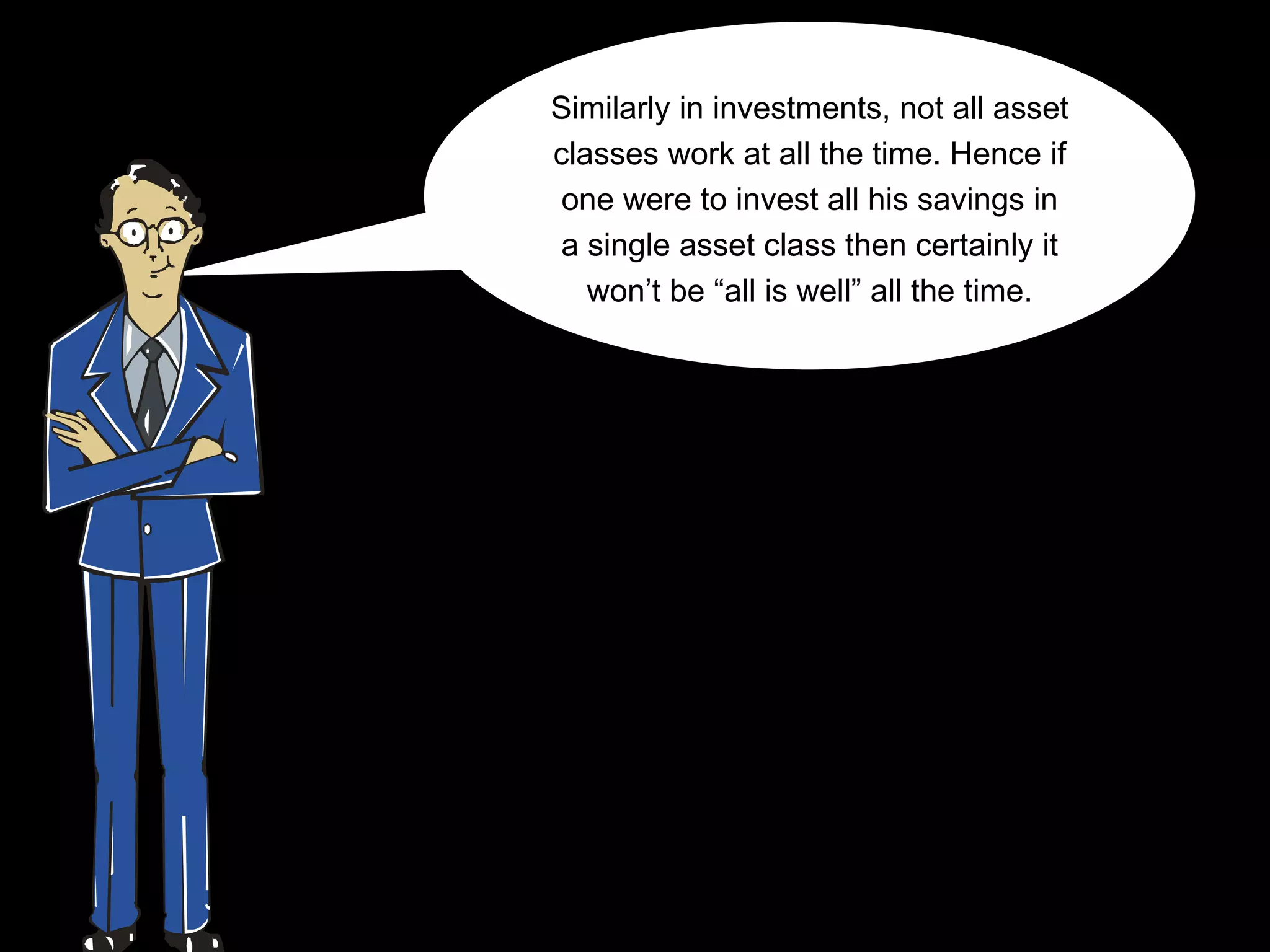 Similarly in investments, not all asset
classes work at all the time. Hence if
 one were to invest all his savings in
 a single asset class then certainly it
   won’t be “all is well” all the time.
 