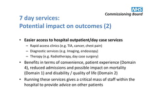 7 day services:
Potential impact on outcomes (2)

• Easier access to hospital outpatient/day case services
   – Rapid access clinics (e.g. TIA, cancer, chest pain)
   – Diagnostic services (e.g. Imaging, endoscopy)
   – Therapy (e.g. Radiotherapy, day case surgery)
• Benefits in terms of convenience, patient experience (Domain
  4), reduced admissions and possible impact on mortality
  (Domain 1) and disability / quality of life (Domain 2)
• Running these services gives a critical mass of staff within the
  hospital to provide advice on other patients
 