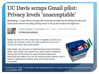 Screenshot of: http://www.zdnet.com/blog/igeneration/uc-davis-scraps-gmail-pilot-privacy-levels-
unacceptable/4958