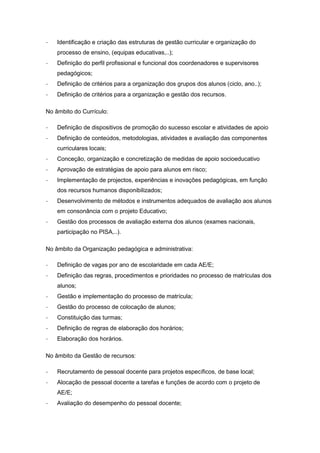 - Identificação e criação das estruturas de gestão curricular e organização do
processo de ensino, (equipas educativas,..);
- Definição do perfil profissional e funcional dos coordenadores e supervisores
pedagógicos;
- Definição de critérios para a organização dos grupos dos alunos (ciclo, ano..);
- Definição de critérios para a organização e gestão dos recursos.
No âmbito do Currículo:
- Definição de dispositivos de promoção do sucesso escolar e atividades de apoio
- Definição de conteúdos, metodologias, atividades e avaliação das componentes
curriculares locais;
- Conceção, organização e concretização de medidas de apoio socioeducativo
- Aprovação de estratégias de apoio para alunos em risco;
- Implementação de projectos, experiências e inovações pedagógicas, em função
dos recursos humanos disponibilizados;
- Desenvolvimento de métodos e instrumentos adequados de avaliação aos alunos
em consonância com o projeto Educativo;
- Gestão dos processos de avaliação externa dos alunos (exames nacionais,
participação no PISA,..).
No âmbito da Organização pedagógica e administrativa:
- Definição de vagas por ano de escolaridade em cada AE/E;
- Definição das regras, procedimentos e prioridades no processo de matrículas dos
alunos;
- Gestão e implementação do processo de matrícula;
- Gestão do processo de colocação de alunos;
- Constituição das turmas;
- Definição de regras de elaboração dos horários;
- Elaboração dos horários.
No âmbito da Gestão de recursos:
- Recrutamento de pessoal docente para projetos específicos, de base local;
- Alocação de pessoal docente a tarefas e funções de acordo com o projeto de
AE/E;
- Avaliação do desempenho do pessoal docente;
 