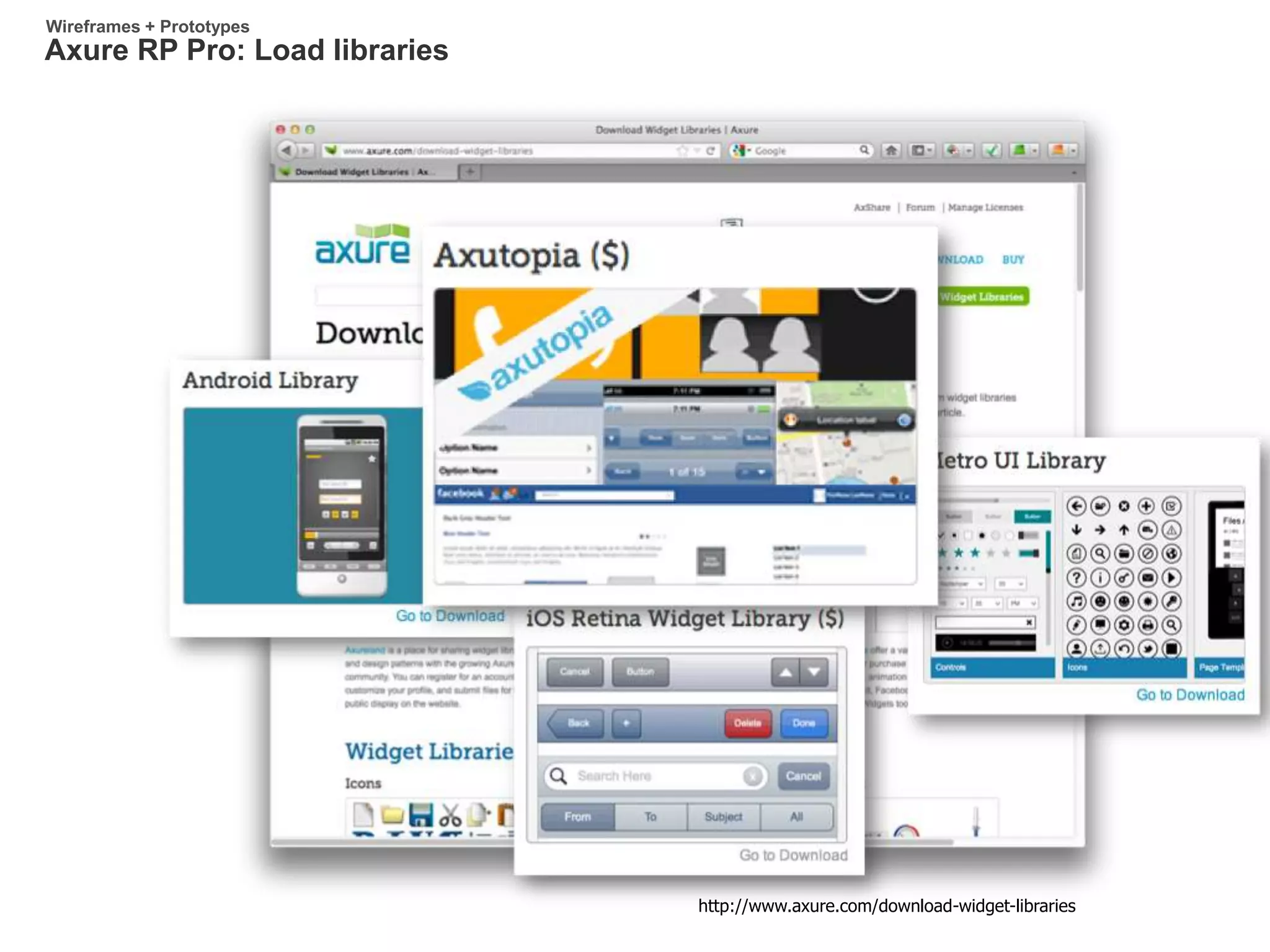 Axure RP Pro: Load libraries
Wireframes + Prototypes
http://www.axure.com/download-widget-libraries
 