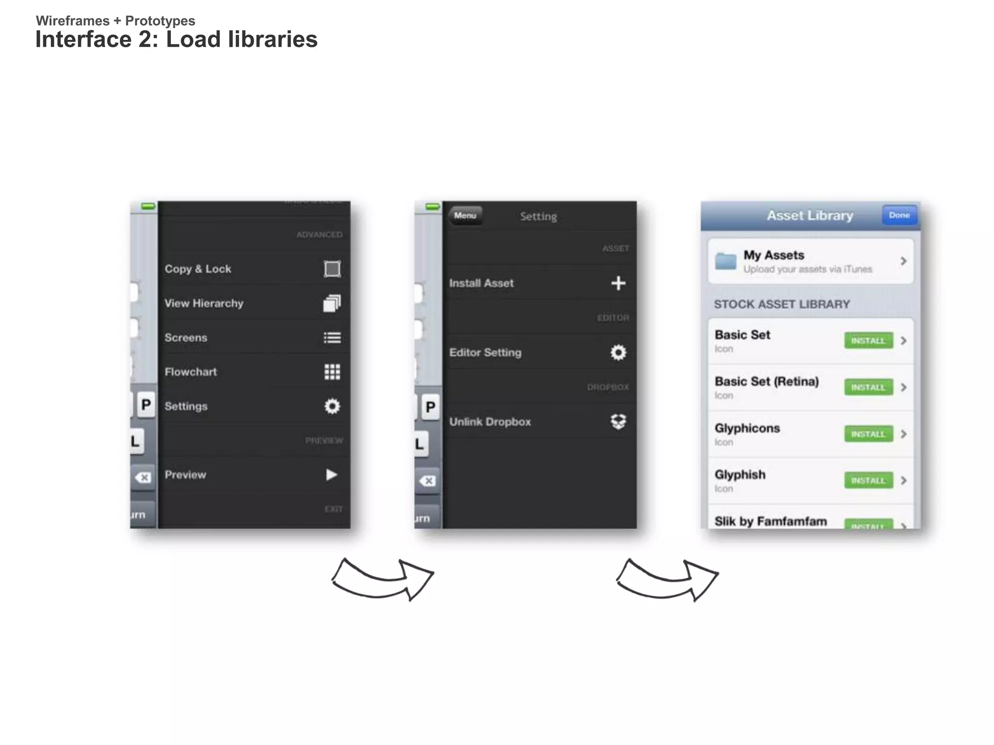 Interface 2: Load libraries
Wireframes + Prototypes
 