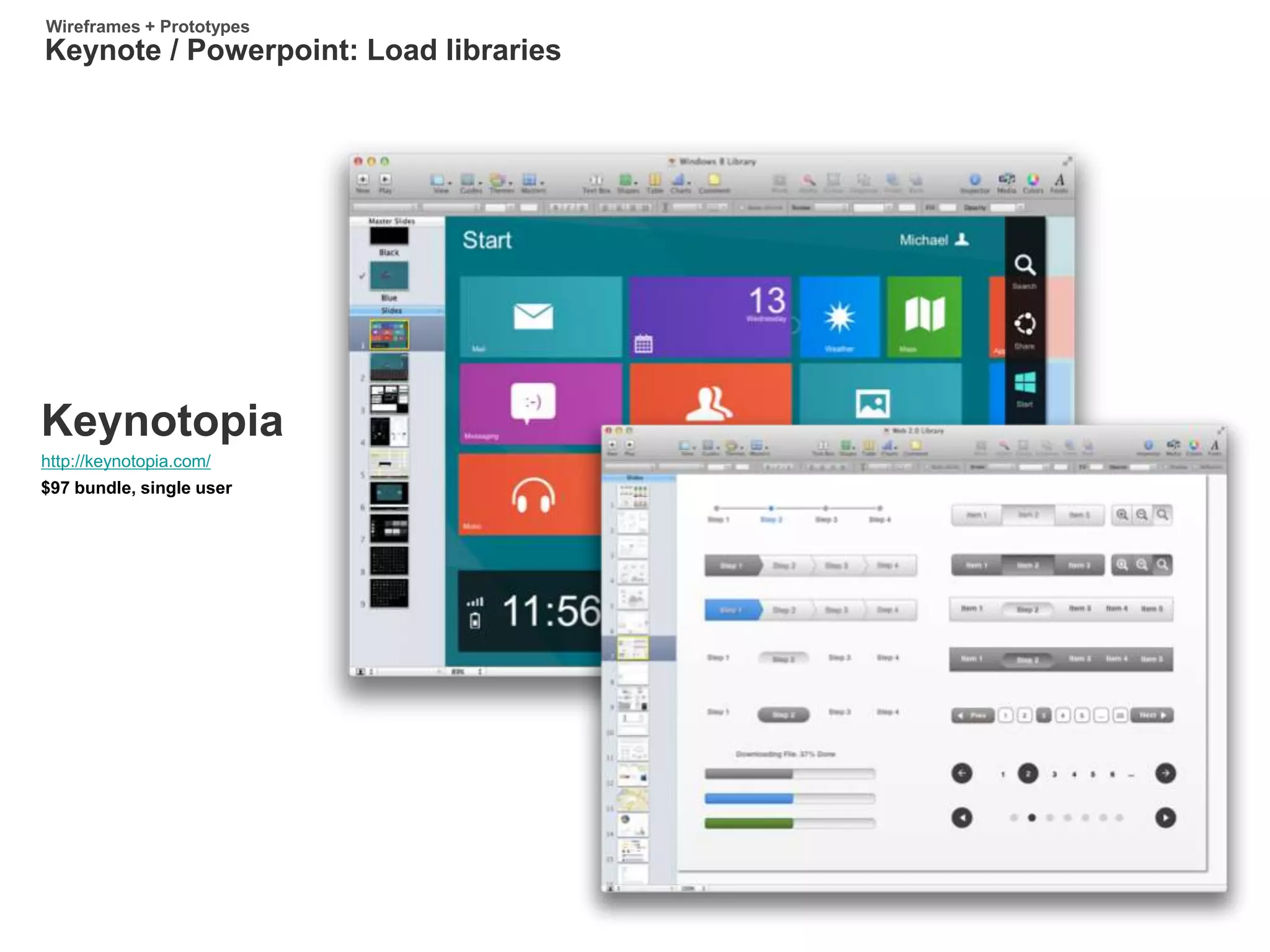 http://keynotopia.com/
Keynotopia
$97 bundle, single user
Keynote / Powerpoint: Load libraries
Wireframes + Prototypes
 