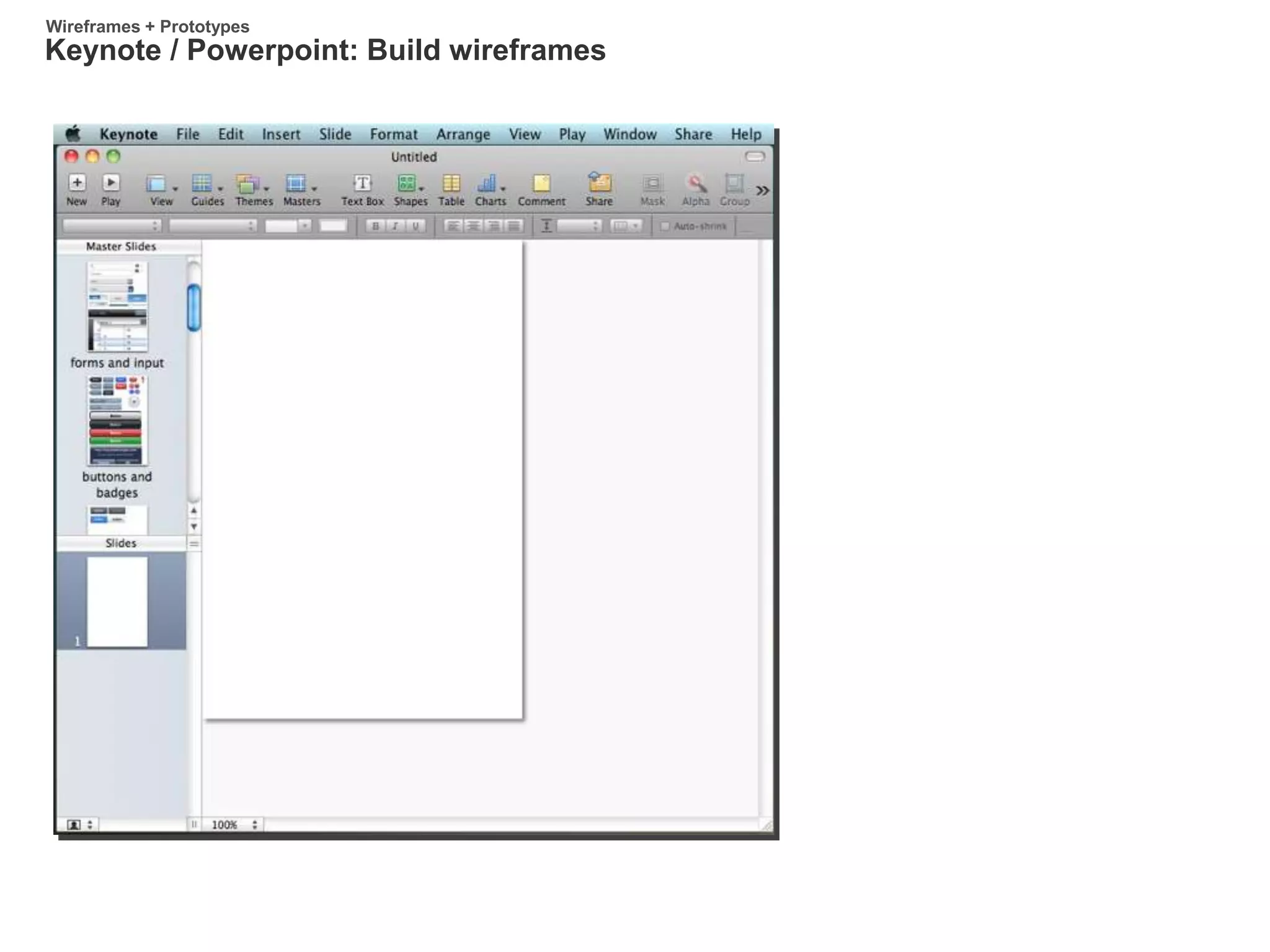 Keynote / Powerpoint: Build wireframes
Wireframes + Prototypes
 