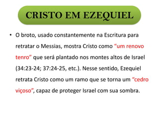 CRISTO EM EZEQUIEL
• O broto, usado constantemente na Escritura para
retratar o Messias, mostra Cristo como “um renovo
tenro” que será plantado nos montes altos de Israel
(34:23-24; 37:24-25, etc.). Nesse sentido, Ezequiel
retrata Cristo como um ramo que se torna um “cedro
viçoso”, capaz de proteger Israel com sua sombra.
 