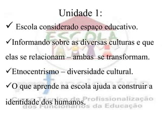 Unidade 1:Escola considerado espaço educativo.