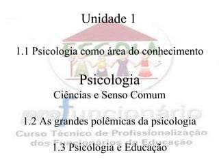 Unidade 1

1.1 Psicologia como área do conhecimento

             Psicologia
        Ciências e Senso Comum

 1.2 As grandes polêmicas da psicologia

       1.3 Psicologia e Educação
 