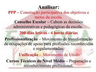 Analisar: PPP –  Construção participativa dos objetivos e metas da escola. Conselho Escolar –  Cabem as decisões administrativas e pedagógicas da escola.  200 dias letivos - 4 horas diárias Profissionalização   – Movimento de transformação de ocupações de apoio para profissões reconhecidas e regulamentadas.   Unificação  -  Movimento de União. Cursos Técnicos de Nível Médio –  Preparação e reconhecimento profissional. 