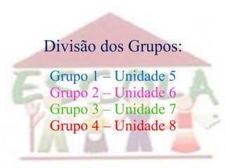 Divisão dos Grupos: Grupo 1 – Unidade 5 Grupo 2 – Unidade 6 Grupo 3 – Unidade 7 Grupo 4 – Unidade 8 
