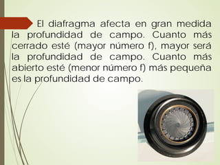 El diafragma afecta en gran medida
la profundidad de campo. Cuanto más
cerrado esté (mayor número f), mayor será
la profundidad de campo. Cuanto más
abierto esté (menor número f) más pequeña
es la profundidad de campo.
 