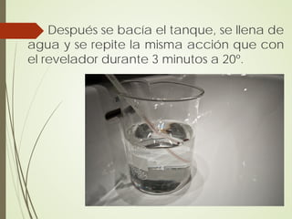 Después se bacía el tanque, se llena de
agua y se repite la misma acción que con
el revelador durante 3 minutos a 20º.
 