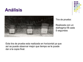 Análisis
                                                 Tira de prueba:

                                                 Realizada con un
                                                 diafragma f/8 cada
                                                 5 segundos




Esta tira de prueba esta realizada en horizontal ya que
así se puede observar mejor que tiempo se le puede
dar a la copia final.
 