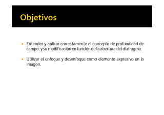    Entender y aplicar correctamente el concepto de profundidad de
    campo, y su modificación en función de la abertura del diafragma.

   Utilizar el enfoque y desenfoque como elemento expresivo en la
    imagen.
 