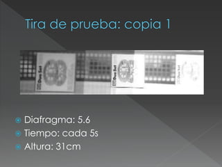  Diafragma: 5.6
 Tiempo: cada 5s
 Altura: 31cm
 