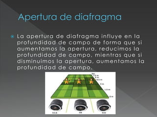  La apertura de diafragma influye en la
profundidad de campo de forma que si
aumentamos la apertura, reducimos la
profundidad de campo, mientras que si
disminuimos la apertura, aumentamos la
profundidad de campo.
 