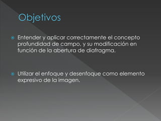  Entender y aplicar correctamente el concepto
profundidad de campo, y su modificación en
función de la abertura de diafragma.
 Utilizar el enfoque y desenfoque como elemento
expresivo de la imagen.
 