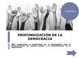 PROFUNDIZACIÓN DE LA
DEMOCRACIA
OBJ: Comprender la importancia de la participación para el
funcionamiento del sistema político y la profundización de la
Democracia.
4° MEDIOS
 