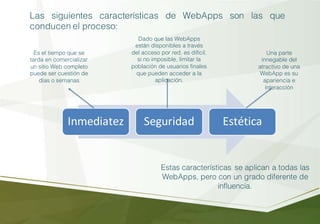 Las siguientes características de WebApps son las que
conducen el proceso:
Inmediatez Seguridad Estética
Estas características se aplican a todas las
WebApps, pero con un grado diferente de
influencia.
Una parte
innegable del
atractivo de una
WebApp es su
apariencia e
interacción
Dado que las WebApps
están disponibles a través
del acceso por red, es difícil,
si no imposible, limitar la
población de usuarios finales
que pueden acceder a la
aplicación.
Es el tiempo que se
tarda en comercializar
un sitio Web completo
puede ser cuestión de
días o semanas
 