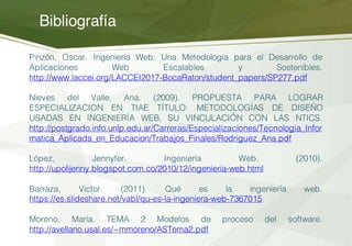 Bibliografía
Pinzón, Oscar. Ingeniería Web: Una Metodología para el Desarrollo de
Aplicaciones Web Escalables y Sostenibles.
http://www.laccei.org/LACCEI2017-BocaRaton/student_papers/SP277.pdf
Nieves del Valle, Ana. (2009). PROPUESTA PARA LOGRAR
ESPECIALIZACION EN TIAE TÍTULO: METODOLOGÍAS DE DISEÑO
USADAS EN INGENIERÍA WEB, SU VINCULACIÓN CON LAS NTICS.
http://postgrado.info.unlp.edu.ar/Carreras/Especializaciones/Tecnologia_Infor
matica_Aplicada_en_Educacion/Trabajos_Finales/Rodriguez_Ana.pdf
López, Jennyfer. Ingeniería Web. (2010).
http://upolijenny.blogspot.com.co/2010/12/ingenieria-web.html
Barraza, Victor. (2011). Qué es la ingeniería web.
https://es.slideshare.net/vabl/qu-es-la-ingeniera-web-7367015
Moreno, María. TEMA 2 Modelos de proceso del software.
http://avellano.usal.es/~mmoreno/ASTema2.pdf
 