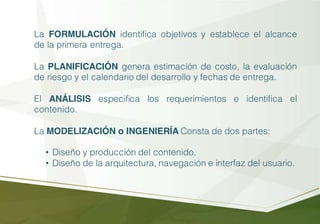 La FORMULACIÓN identifica objetivos y establece el alcance
de la primera entrega.
La PLANIFICACIÓN genera estimación de costo, la evaluación
de riesgo y el calendario del desarrollo y fechas de entrega.
El ANÁLISIS especifica los requerimientos e identifica el
contenido.
La MODELIZACIÓN o INGENIERÍA Consta de dos partes:
• Diseño y producción del contenido.
• Diseño de la arquitectura, navegación e interfaz del usuario.
 