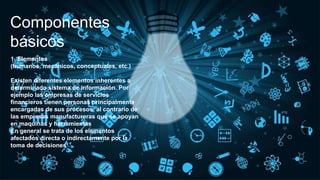 Componentes
básicos
1. Elementos
(humanos, mecánicos, conceptuales, etc.)
Existen diferentes elementos inherentes a
determinado sistema de información. Por
ejemplo las empresas de servicios
financieros tienen personas principalmente
encargadas de sus procesos, al contrario de
las empresas manufactureras que se apoyan
en maquinas y herramientas
En general se trata de los elementos
afectados directa o indirectamente por la
toma de decisiones
 