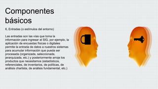 Componentes
básicos
6, Entradas (o estímulos del entorno)
Las entradas son las vías que toma la
información para ingresar al SIG, por ejemplo, la
aplicación de encuestas físicas o digitales
permite la entrada de datos a nuestros sistemas
para acumular información que pueda ser
procesada (organizada, seleccionada,
jerarquizada, etc.) y posteriormente arroje los
productos que necesitamos (estadísticos,
referenciales, de inventarios, de políticas, de
análisis chartista, de análisis fundamental, etc.)
 
