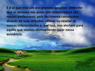 E é aí que está um dos grandes desafios: entender
que as pessoas nas quais nos relacionamos são
nossas professoras, pois facilmente conseguem -
através de suas atitudes- aflorar ou revelar as
nossas inferioridades e, por isso, nos alertam para
aquilo que viemos efetivamente curar nessa
existência.
 