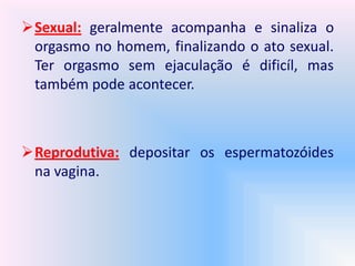 Sexual: geralmente acompanha e sinaliza o
orgasmo no homem, finalizando o ato sexual.
Ter orgasmo sem ejaculação é dificíl, mas
também pode acontecer.
Reprodutiva: depositar os espermatozóides
na vagina.
 