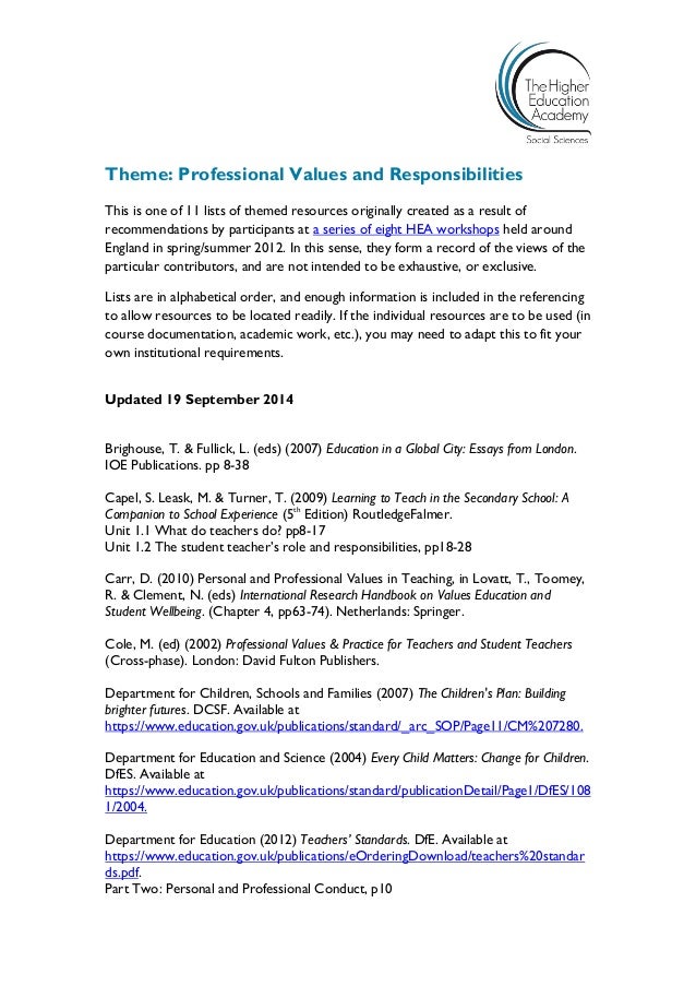 professional values and responsibilities initial teacher education re list of professional values