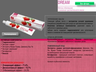 Без фтора
Рекомендована
Для тех, кто мечтает о счастье
УКРЕПЛЕНИЕ ЭМАЛИУКРЕПЛЕНИЕ ЭМАЛИ
Сияющая зубная паста с экстрактом сочной земляники
специально разработана для ухода за чувствительной эмалью.
Комплекс активных компонентов укрепляет эмаль и
заботится о здоровье десен.
Зубная паста содержит гидроксиапатит для уплотнения
эмали и снижения ее повышенной чувствительности.
УХОД ЗА ДЕСНАМИУХОД ЗА ДЕСНАМИ
Высокоэффективный антисептик Биосол препятствует
образованию бактерий и заботится о здоровье десен.
КОМПЛЕКСНЫЙ УХОДКОМПЛЕКСНЫЙ УХОД
Экстракты редких растений-афродизиаков Дамиана, Кау
Пе, Муира Пуама способствуют раскрытию чувственности,
высвобождению сексуальной энергии.
Бетафролин – природный «компонент счастья», стимулирует
выработку эндорфинов и улучшает настроение.
Аромат клубничной свежести.
АКТИВНЫЕ КОМПОНЕНТЫ:
Гидроксиапатит1
Экстракт стевии2
Экстракты Муира Пуамы, Дамианы,Кау Пе
Экстракт земляники3
Бетафролин
Биосол
КЛИНИЧЕСКИ ДОКАЗАНО:
• Очищающий эффект – 71,4%.
• Десенситивный эффект – 72,7%
• Отбеливающий эффект – 33,3%
 