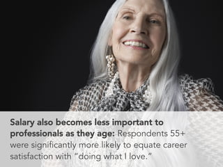 Salary also becomes less important to
professionals as they age: Respondents 55+
were significantly more likely to equate ...