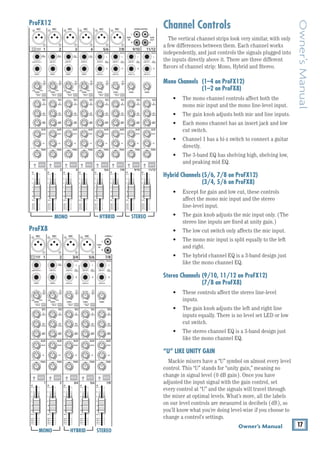 17
Owner’s Manual
Owner’s
Manual
Channel Controls
The vertical channel strips look very similar, with only
a few differences between them. Each channel works
independently, and just controls the signals plugged into
the inputs directly above it. There are three different
flavors of channel strip: Mono, Hybrid and Stereo.
Mono Channels (1–4 on ProFX12)			
		 (1–2 on ProFX8)
• The mono channel controls affect both the
mono mic input and the mono line-level input.
• The gain knob adjusts both mic and line inputs.
• Each mono channel has an insert jack and low
cut switch.
• Channel 1 has a hi-z switch to connect a guitar
directly.
• The 3-band EQ has shelving high, shelving low,
and peaking mid EQ.
Hybrid Channels (5/6, 7/8 on ProFX12)			
		 (3/4, 5/6 on ProFX8)
• Except for gain and low cut, these controls
affect the mono mic input and the stereo 		
line-level input.
• The gain knob adjusts the mic input only. (The
stereo line inputs are fixed at unity gain.)
• The low cut switch only affects the mic input.
• The mono mic input is split equally to the left
and right.
• The hybrid channel EQ is a 3-band design just
like the mono channel EQ.
Stereo Channels (9/10, 11/12 on ProFX12)		
		 (7/8 on ProFX8)
• These controls affect the stereo line-level
inputs.
• The gain knob adjusts the left and right line
inputs equally. There is no level set LED or low
cut switch.
• The stereo channel EQ is a 3-band design just
like the mono channel EQ.
“U” LIKE UNITY GAIN
Mackie mixers have a “U” symbol on almost every level
control. This “U” stands for “unity gain,” meaning no
change in signal level (0 dB gain). Once you have 		
adjusted the input signal with the gain control, set
every control at “U” and the signals will travel through
the mixer at optimal levels. What’s more, all the labels
on our level controls are measured in decibels (dB), so
you’ll know what you’re doing level-wise if you choose to
change a control’s settings.
POWER
ON
13 DELAY 1 (300ms)
14 DELAY 2 (380ms)
15 DELAY 3 (480ms)
16 REVERB + DLY (250ms)
MAIN
RIGHT
(BALANCED)
MAIN
LEFT
USB
(BALANCED)
8K
4K
2K
1K
500
250
125
15
15
10
10
5
5
0
15
15
10
10
5
5
0
TAPE
IN
ST RETURN MAIN OUT PHONES
FOOTSWITCH
PHONES
TAPE
OUT
L
R
L
(UNBALANCED)
R
0dB=0dBu
MAIN
METERS
R
L
OL
4
6
3
10
15
7
10
20
30
0
2
BREAK
(MUTES ALL CHANNELS)
PHANTOM
POWER
POWER
STEREO GRAPHIC EQ
FX SEND
MID
2.5kHz
MID
2.5kHz
MID
2.5kHz
MID
2.5kHz
MID
2.5kHz
80Hz
LOW
U
+15
-15
U
+15
-15
U
+15
-15
INSERT
R
L
LOW CUT
100 Hz
U
GAIN
M
IC GAIN
U +50
-20dB +30dB
OL
1
EQ
12kHz
HI
PAN
AUX
U
+15
O
O
MON
FX
U
+15
O
O
80Hz
LOW
U
+15
-15
U
+15
-15
U
+15
-15
R
L
LOW CUT
100 Hz
U
GAIN
M
IC GAIN
U +50
-20dB +30dB
2
EQ
12kHz
HI
PAN
AUX
U
+15
O
O
MON
FX
U
+15
O
O
80Hz
LOW
U
+15
-15
U
+15
-15
U
+15
-15
LINE IN 2
LINE/HI-Z IN 1
INSERT
BAL /
UNBAL
(MONO) (MONO) (MONO) (MONO)
LINE IN 3
LINE IN 4
BAL /
UNBAL LINE IN 5
R
L
LOW CUT
100 Hz
GAIN
3/4
EQ
12kHz
HI
PAN
AUX
U
+15
O
O
MON
FX
U
+15
O
O
80Hz
LOW
U
+15
-15
U
+15
-15
U
+15
-15
R
L
LOW CUT
100Hz
GAIN
MIC GAIN
U +50
MIC GAIN
U +50
5/6
EQ
12kHz
HI
LEVEL
SET
LEVEL
SET
LEVEL
SET
LEVEL
SET
PAN
AUX
U
+15
O
O
MON
FX
U
+15
O
O
GAIN
MIC
MIC
MIC
MIC
80Hz
LOW
U
+15
-15
U
+15
-15
U
+15
-15
U
+20
-20
R
L
7/8 ST RTN FX RTN
EQ
12kHz
HI
PAN
AUX
U
+15
O
O
MON
FX
U
+15
O
O
U
+15
FX TO MON
FX MASTER
U
+15
O
O O
O
dB
30
20
10
10
O
O
40
50
5
5
U
60
dB
30
20
10
10
O
O
40
50
5
5
U
60
dB
30
20
10
10
O
O
40
50
5
5
U
60
dB
30
20
10
10
O
O
40
50
5
5
U
60
dB
30
20
10
10
O
O
40
50
5
5
U
60
dB
30
20
10
10
O
O
40
50
5
5
U
60
dB
30
20
10
10
O
O
40
50
5
5
U
60
dB
30
20
10
10
O
O
40
50
5
5
U
60
dB
30
20
10
10
O
O
40
50
5
5
U
60
L
R
LINE IN 6
BAL /
UNBAL
L
R
LINE IN 7
LINE IN 8
BAL /
UNBAL
L
R
BAL /
UNBAL
L
R
BAL /
UNBAL
L
R
MON SEND
BAL /
UNBAL
BAL /
UNBAL
MUTE
PRESETS
FX PRESETS
OL OL OL OL OL
INPUT LEVEL
USB
O
O +20
U
TAPE LEVEL
O
O +20
U
MON MAIN
1 2 3/4 5/6 7/8
OL
USB THRU
LINE
HI-Z
MAIN MIX
MON
EQ IN
BYPASS
01 BRIGHT ROOM
02 WARM LOUNGE
03 SMALL STAGE
04 WARM THEATER
05 WARM HALL
06 CONCERT HALL
07 PLATE REVERB
08 CATHEDRAL
09 CHORUS
10 CHORUS + REV
11 DOUBLER
12 TAPE SLAP
O
O MAX
LINE
HI-Z
MUTE MUTE MUTE MUTE MUTE MUTE
48V
MONO HYBRID STEREO
MONO HYBRID STEREO
ProFX12
ProFX8
8K
4K
2K
1K
500
250
125
15
15
10
10
5
5
0
15
15
10
10
5
5
0
TAPE
IN
ST RETURN MAIN OUT PHONES
FOOTSWITCH
PHONES
TAPE
OUT
L
R
L
(UNBALANCED)
R
STEREO GRAPHIC EQ
FX SEND
MID
2.5kHz
MID
2.5kHz
MID
2.5kHz
MID
2.5kHz
MID
2.5kHz
80Hz
LOW
U
+15
-15
U
+15
-15
U
+15
-15
LINE IN 4
INSERT
R
L
LOW CUT
100 Hz
U
GAIN
M
IC GAIN
U +50
-20dB +30dB
4
12kHz
HI
MID
2.5kHz
80Hz
LOW
U
+15
-15
U
+15
-15
U
+15
-15
12kHz
HI
MID
2.5kHz
80Hz
LOW
U
+15
-15
U
+15
-15
U
+15
-15
12kHz
HI
MID
2.5kHz
80Hz
LOW
U
+15
-15
U
+15
-15
U
+15
-15
12kHz
HI
PAN
AUX
U
+15
O
O
MON
FX
U
+15
O
O
R
L
PAN
AUX
U
+15
O
O
MON
FX
U
+15
O
O
R
L
PAN
AUX
U
+15
O
O
MON
FX
U
+15
O
O
R
L
PAN
AUX
U
+15
O
O
MON
FX
U
+15
O
O
80Hz
LOW
U
+15
-15
U
+15
-15
U
+15
-15
R
L
LOW CUT
100 Hz
12kHz
HI
PAN
AUX
U
+15
O
O
MON
FX
U
+15
O
O
80Hz
LOW
U
+15
-15
U
+15
-15
U
+15
-15
BAL /
UNBAL
(MONO) (MONO) (MONO) (MONO)
LINE IN 7
LINE IN 8
BAL /
UNBAL LINE IN 9
R
L
LOW CUT
100 Hz
GAIN
7/8
5/6
12kHz
HI
PAN
AUX
U
+15
O
O
MON
FX
U
+15
O
O
80Hz
LOW
U
+15
-15
U
+15
-15
U
+15
-15
R
L
MIC GAIN
U +50
GAIN
MIC GAIN
U +50
9/10
12kHz
HI
LEVEL
SET
LEVEL
SET
LEVEL
SET
LOW CUT
100 Hz
U
GAIN
M
IC GAIN
U +50
-20dB +30dB
LEVEL
SET
LEVEL
SET
LEVEL
SET
LOW CUT
100 Hz
U
GAIN
M
IC GAIN
U +50
-20dB +30dB
LOW CUT
100 Hz
U
GAIN
M
IC GAIN
U +50
-20dB +30dB
PAN
AUX
U
+15
O
O
MON
FX
U
+15
O
O
GAIN
MIC
MIC
MIC
MIC
MIC
MIC
80Hz
LOW
U
+15
-15
U
+15
-15
U
+15
-15
U
+20
-20
GAIN
U
+20
-20
R
L
11/12 ST RTN FX RTN
EQ
EQ
EQ
EQ EQ EQ EQ EQ
12kHz
HI
PAN
AUX
U
+15
O
O
MON
FX
U
+15
O
O
U
+15
FX TO MON
FX MASTER
U
+15
O
O O
O
dB
30
20
10
10
O
O
40
50
5
5
U
60
dB
30
20
10
10
O
O
40
50
5
5
U
60
dB
30
20
10
10
O
O
40
50
5
5
U
60
dB
30
20
10
10
O
O
40
50
5
5
U
60
dB
30
20
10
10
O
O
40
50
5
5
U
60
dB
30
20
10
10
O
O
40
50
5
5
U
60
dB
30
20
10
10
O
O
40
50
5
5
U
60
dB
30
20
10
10
O
O
40
50
5
5
U
60
dB
30
20
10
10
O
O
40
50
5
5
U
60
dB
30
20
10
10
O
O
40
50
5
5
U
60
dB
30
20
10
10
O
O
40
50
5
5
U
60
dB
30
20
10
10
O
O
40
50
5
5
U
60
L
R
(MONO)
LINE IN 5
LINE IN 6
BAL /
UNBAL
L
R
LINE IN 10
BAL /
UNBAL
L
R
LINE IN 11
LINE IN 12
BAL /
UNBAL
L
R
BAL /
UNBAL
L
R
BAL /
UNBAL
L
R
MON SEND
BAL /
UNBAL
BAL /
UNBAL
PRESETS
FX PRESETS
01 BRIGHT ROOM
02 WARM LOUNGE
03 SMALL STAGE
04 WARM THEATER
05 WARM HALL
06 CONCERT HALL
13 DELAY 1 (300ms)
14 DELAY 2 (380ms)
15 DELAY 3 (480ms)
16 REVERB + DLY (250ms)
07 PLATE REVERB
08 CATHEDRAL
09 CHORUS
10 CHORUS + REV
11 DOUBLER
12 TAPE SLAP
MON MAIN
4
LINE IN 3
INSERT
3
BAL /
UNBAL
3
LINE IN 2
INSERT
2
BAL /
UNBAL
BAL /
UNBAL
2
LINE/HI-Z IN 1
INSERT
1 5/6 7/8 9/10 11/12
0dB=0dBu
MAIN
METERS
OL
4
6
3
10
15
7
10
20
30
0
2
BREAK
(MUTES ALL CHANNELS)
PHANTOM
POWER
POWER
O
O +10
U
TAPE LEVEL
O
O +20
U
USB THRU
LINE
HI-Z
O
O MAX
1
OL OL OL OL OL OL OL OL OL
OL
MAIN MIX
MON
EQ IN
BYPASS
R
L
INPUT LEVEL
USB
MUTE
MUTE MUTE MUTE MUTE MUTE MUTE MUTE MUTE MUTE
48V
 