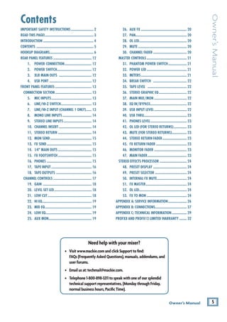 5
Owner’s Manual
Owner’s
Manual
Contents
Needhelpwithyourmixer?
• Visitwww.mackie.comandclickSupporttofind:		
FAQs(FrequentlyAskedQuestions),manuals,addendums,and
userforums.
• Emailusat:techmail@mackie.com.
• Telephone1-800-898-3211tospeakwithoneofoursplendid
technicalsupportrepresentatives,(MondaythroughFriday,
normalbusinesshours,PacificTime).
IMPORTANT SAFETY INSTRUCTIONS......................... 2
READ THIS PAGE!..................................................... 3
INTRODUCTION....................................................... 4
CONTENTS .............................................................. 5
HOOKUP DIAGRAMS............................................... 6
REAR PANEL FEATURES.......................................... 12
1. POWER CONNECTION.............................. 12
2. POWER SWITCH...................................... 12
3. XLR MAIN OUTS .................................... 12
4. USB PORT .............................................. 12
FRONT PANEL FEATURES........................................ 13
CONNECTION SECTION........................................ 13
5. MIC INPUTS............................................ 13
6. LINE/HI-Z SWITCH.................................. 13
7. LINE/HI-Z INPUT (CHANNEL 1 ONLY)....... 13
8. MONO LINE INPUTS................................ 14
9. STEREO LINE INPUTS............................... 14
10. CHANNEL INSERT.................................... 14
11. STEREO RETURN..................................... 14
12. MON SEND............................................. 15
13. FX SEND................................................. 15
14. 1⁄4" MAIN OUTS..................................... 15
15. FX FOOTSWITCH..................................... 15
16. PHONES................................................. 15
17. TAPE INPUT............................................ 16
18. TAPE OUTPUTS ....................................... 16
CHANNEL CONTROLS.......................................... 17
19. GAIN ..................................................... 18
20. LEVEL SET LED......................................... 18
21. LOW CUT................................................ 18
22. HI EQ...................................................... 19
23. MID EQ................................................... 19
24. LOW EQ.................................................. 19
25. AUX MON............................................... 19
26. AUX FX.................................................. 20
27. PAN....................................................... 20
28. OL LED.................................................... 20
29. MUTE..................................................... 20
30. CHANNEL FADER..................................... 20
MASTER CONTROLS............................................ 21
31. PHANTOM POWER SWITCH..................... 21
32. POWER LED............................................ 21
33. METERS.................................................. 21
34. BREAK SWITCH ..................................... 22
35. TAPE LEVEL ........................................... 22
36. STEREO GRAPHIC EQ............................... 22
37. MAIN MIX/MON.................................... 22
38. EQ IN/BYPASS........................................ 22
39. USB INPUT LEVEL.................................... 22
40. USB THRU.............................................. 23
41. PHONES LEVEL........................................ 23
42. OL LED (FOR STEREO RETURNS)............... 23
43. MUTE (FOR STEREO RETURNS)................. 23
44. STEREO RETURN FADER........................... 23
45. FX RETURN FADER.................................. 23
46. MONITOR FADER.................................... 23
47. MAIN FADER........................................... 23
STEREO EFFECTS PROCESSOR.............................. 24
48. PRESET DISPLAY..................................... 24
49. PRESET SELECTOR................................... 24
50. INTERNAL FX MUTE................................. 24
51. FX MASTER............................................. 24
52. OL LED.................................................... 24
53. FX TO MON............................................ 24
APPENDIX A: SERVICE INFORMATION..................... 26
APPENDIX B: CONNECTIONS.................................. 27
APPENDIX C: TECHNICAL INFORMATION................. 29
PROFX8 AND PROFX12 LIMITED WARRANTY......... 32
 