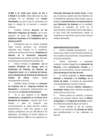 21.000 € en 2.010 para Centro de Día a
9.728,04 € en 2.015. Dicha diferencia ha sido
sufragada en su totalidad con Fondos
Municipales, ya que lo que no queríamos era
bajar la calidad de la atención a nuestros
mayores.
• También sufrimos Recortes en los
Diferentes Programas de Empleo, con lo que
pasamos de tener 11 Trabajadores con
Gobiernos Socialistas a 9 Trabajadores con el
Gobierno del PP.
• Entendíamos que en nuestra localidad
había muchas personas con formación
suficiente para trabajar en la residencia,
además de auxiliares de clínica y Ampliamos el
Abanico en la Formación Requerida,
incorporándose por primera vez DUE, Atención
Sociosanitaria en Instituciones Sociales, etc.
• Hemos firmado un Convenio con el
Instituto Bembézar de Azuaga, para la
Realización de Prácticas de Alumnos de
Integración Social, con el Instituto de Llerena,
para la Realización de Prácticas de Alumnos de
Auxiliar de Clínica. Hemos tenido
recientemente 4 alumnas.
• También hemos firmado un Convenio
de Prácticas con el Programa Proeisol de
Diputación y contaremos próximamente con
dos alumnas de Atención Sociosanitaria.
• -En lo que respecta a las Nuevas
Instalaciones y Ampliación en 13 Plazas de la
Residencia de Ancianos, apuntar que se ha
llevado a cabo el proyecto que
económicamente se podía permitir nuestro
Ayuntamiento y, todo ello, gracias a que
todavía contábamos con los 436.199,26 € de
Diputación de Badajoz. El mismo importe se
dejó depositado en 2009 en las cuentas de un
Patronato Municipal de Acción Social, creado
por el entonces alcalde José Vera Madrid, con
la finalidad de gestionar estos fondos y que se
dedicaran exclusivamente a la Construcción de
una Residencia de Ancianos en la localidad.
Durante el mandato de IU-PP en el
Ayuntamiento, estos fondos fueron desviados a
la Caja Única del Ayuntamiento, donde se
emplearon en otros fines, que no eran a los que
estaban destinados.
Ayuda Alimentos de Cruz Roja:
• Hemos atendido puntualmente a los
vecinos que, dada la mala situación económica,
han acudido al Ayuntamiento, incluyéndolos en
la lista de solicitantes.
• Hemos favorecido e impulsado
cualquier iniciativa llegada de la Asociación de
Mayores, como Convivencias Anuales y, a
pesar de las estrecheces, hemos mantenido su
Cena Homenaje en los días de Feria.
• Le hemos asignado un Nuevo Espacio
Cómodo y Funcional a la Podóloga, en el
Centro de Salud, al tratarse de especialidad
muy demandada por nuestros mayores.
• Hemos realizado Charlas, Coloquios y
Actividades Varias sobre violencia de género,
lucha contra el cáncer, etc.
• Hemos puesto en contacto a nuestros
vecinos con servicios básicos como la Oficina
de Igualdad o los Programas de Familia, ambos
de la Mancomunidad de Aguas de Llerena.
• Hemos llevado la voz de nuestros
vecinos a las reuniones del Consejo de Salud,
que periódicamente se han celebrado en
Llerena.
26 de 28
 