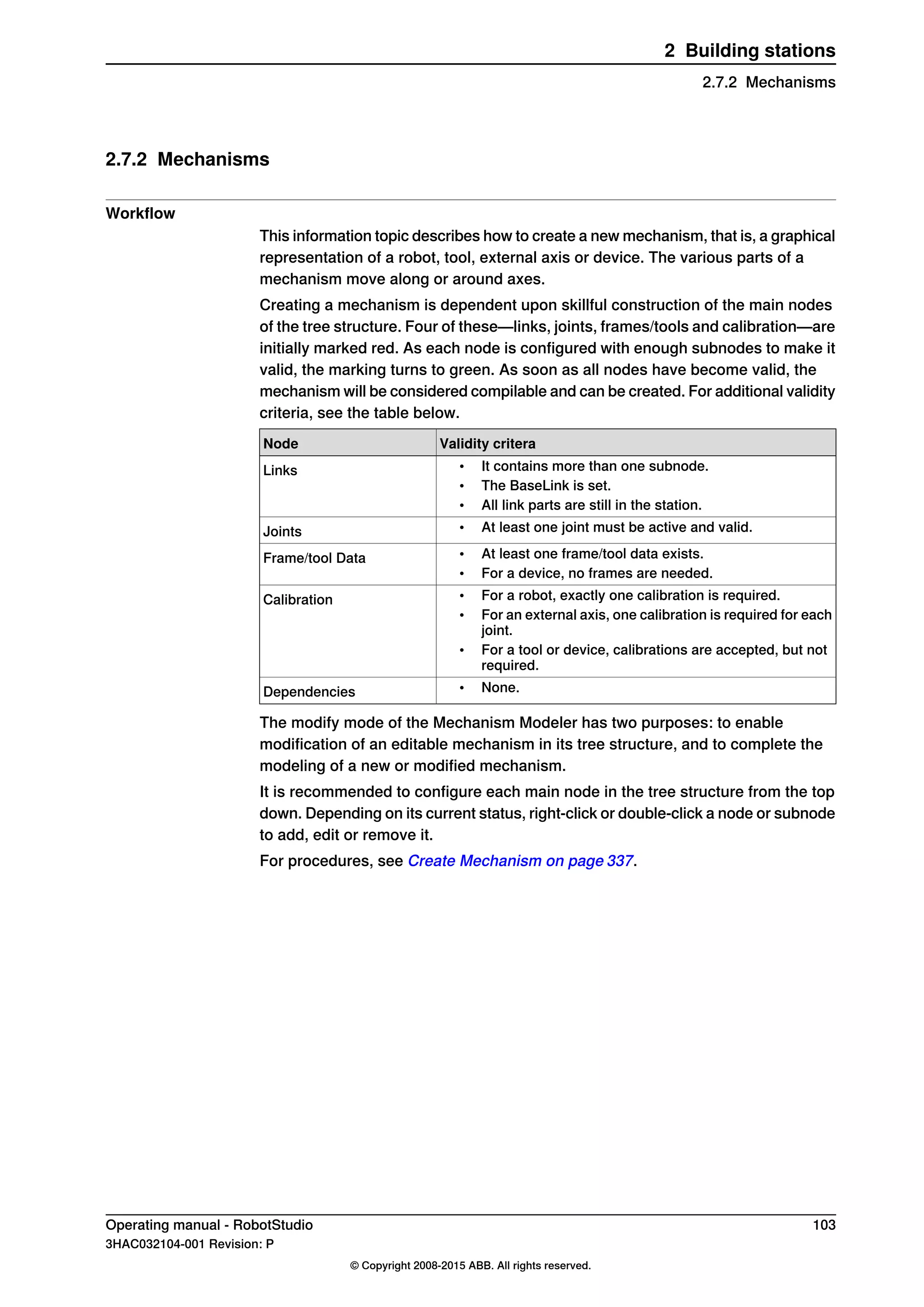2.7.2 Mechanisms
Workflow
This information topic describes how to create a new mechanism, that is, a graphical
representation of a robot, tool, external axis or device. The various parts of a
mechanism move along or around axes.
Creating a mechanism is dependent upon skillful construction of the main nodes
of the tree structure. Four of these—links, joints, frames/tools and calibration—are
initially marked red. As each node is configured with enough subnodes to make it
valid, the marking turns to green. As soon as all nodes have become valid, the
mechanism will be considered compilable and can be created. For additional validity
criteria, see the table below.
Validity criteraNode
• It contains more than one subnode.
• The BaseLink is set.
• All link parts are still in the station.
Links
• At least one joint must be active and valid.Joints
• At least one frame/tool data exists.
• For a device, no frames are needed.
Frame/tool Data
• For a robot, exactly one calibration is required.
• For an external axis, one calibration is required for each
joint.
• For a tool or device, calibrations are accepted, but not
required.
Calibration
• None.Dependencies
The modify mode of the Mechanism Modeler has two purposes: to enable
modification of an editable mechanism in its tree structure, and to complete the
modeling of a new or modified mechanism.
It is recommended to configure each main node in the tree structure from the top
down. Depending on its current status, right-click or double-click a node or subnode
to add, edit or remove it.
For procedures, see Create Mechanism on page 337.
Operating manual - RobotStudio 103
3HAC032104-001 Revision: P
© Copyright 2008-2015 ABB. All rights reserved.
2 Building stations
2.7.2 Mechanisms
 