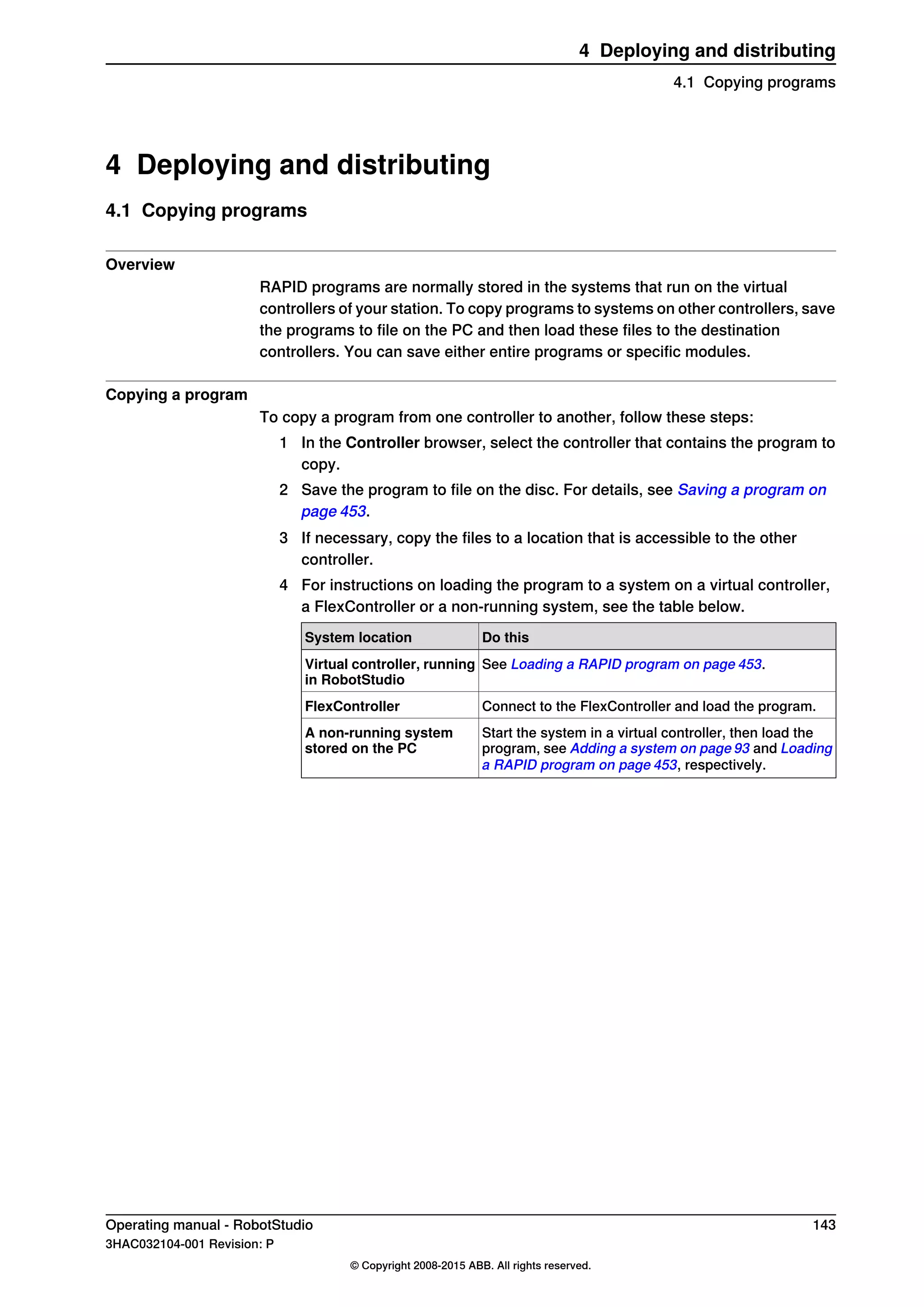 4 Deploying and distributing
4.1 Copying programs
Overview
RAPID programs are normally stored in the systems that run on the virtual
controllers of your station. To copy programs to systems on other controllers, save
the programs to file on the PC and then load these files to the destination
controllers. You can save either entire programs or specific modules.
Copying a program
To copy a program from one controller to another, follow these steps:
1 In the Controller browser, select the controller that contains the program to
copy.
2 Save the program to file on the disc. For details, see Saving a program on
page 453.
3 If necessary, copy the files to a location that is accessible to the other
controller.
4 For instructions on loading the program to a system on a virtual controller,
a FlexController or a non-running system, see the table below.
Do thisSystem location
See Loading a RAPID program on page 453.Virtual controller, running
in RobotStudio
Connect to the FlexController and load the program.FlexController
Start the system in a virtual controller, then load the
program, see Adding a system on page 93 and Loading
a RAPID program on page 453, respectively.
A non-running system
stored on the PC
Operating manual - RobotStudio 143
3HAC032104-001 Revision: P
© Copyright 2008-2015 ABB. All rights reserved.
4 Deploying and distributing
4.1 Copying programs
 