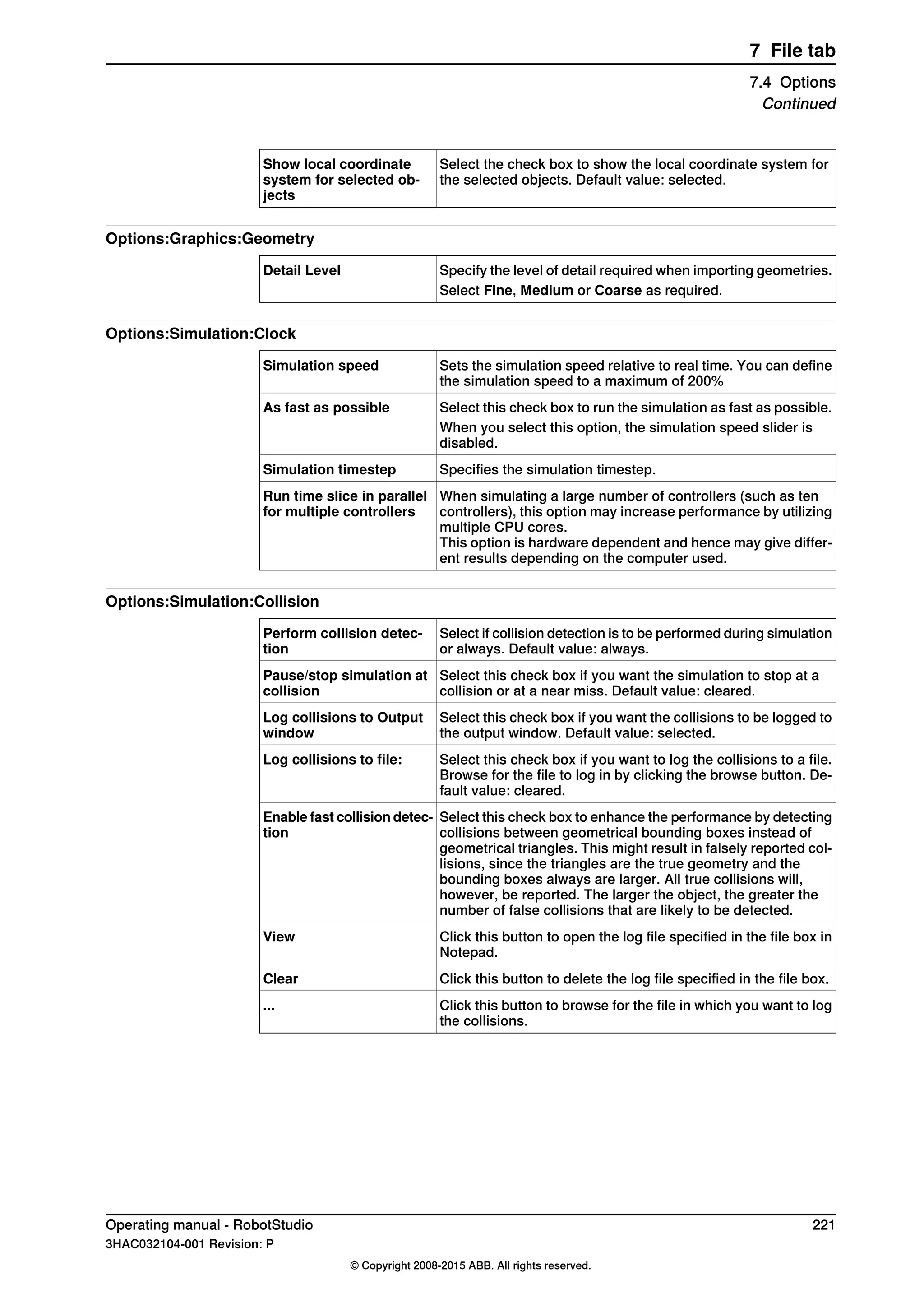 Select the check box to show the local coordinate system for
the selected objects. Default value: selected.
Show local coordinate
system for selected ob-
jects
Options:Graphics:Geometry
Specify the level of detail required when importing geometries.Detail Level
Select Fine, Medium or Coarse as required.
Options:Simulation:Clock
Sets the simulation speed relative to real time. You can define
the simulation speed to a maximum of 200%
Simulation speed
Select this check box to run the simulation as fast as possible.As fast as possible
When you select this option, the simulation speed slider is
disabled.
Specifies the simulation timestep.Simulation timestep
When simulating a large number of controllers (such as ten
controllers), this option may increase performance by utilizing
multiple CPU cores.
This option is hardware dependent and hence may give differ-
ent results depending on the computer used.
Run time slice in parallel
for multiple controllers
Options:Simulation:Collision
Select if collision detection is to be performed during simulation
or always. Default value: always.
Perform collision detec-
tion
Select this check box if you want the simulation to stop at a
collision or at a near miss. Default value: cleared.
Pause/stop simulation at
collision
Select this check box if you want the collisions to be logged to
the output window. Default value: selected.
Log collisions to Output
window
Select this check box if you want to log the collisions to a file.
Browse for the file to log in by clicking the browse button. De-
fault value: cleared.
Log collisions to file:
Select this check box to enhance the performance by detecting
collisions between geometrical bounding boxes instead of
geometrical triangles. This might result in falsely reported col-
lisions, since the triangles are the true geometry and the
bounding boxes always are larger. All true collisions will,
however, be reported. The larger the object, the greater the
number of false collisions that are likely to be detected.
Enable fast collision detec-
tion
Click this button to open the log file specified in the file box in
Notepad.
View
Click this button to delete the log file specified in the file box.Clear
Click this button to browse for the file in which you want to log
the collisions.
...
Operating manual - RobotStudio 221
3HAC032104-001 Revision: P
© Copyright 2008-2015 ABB. All rights reserved.
7 File tab
7.4 Options
Continued
 