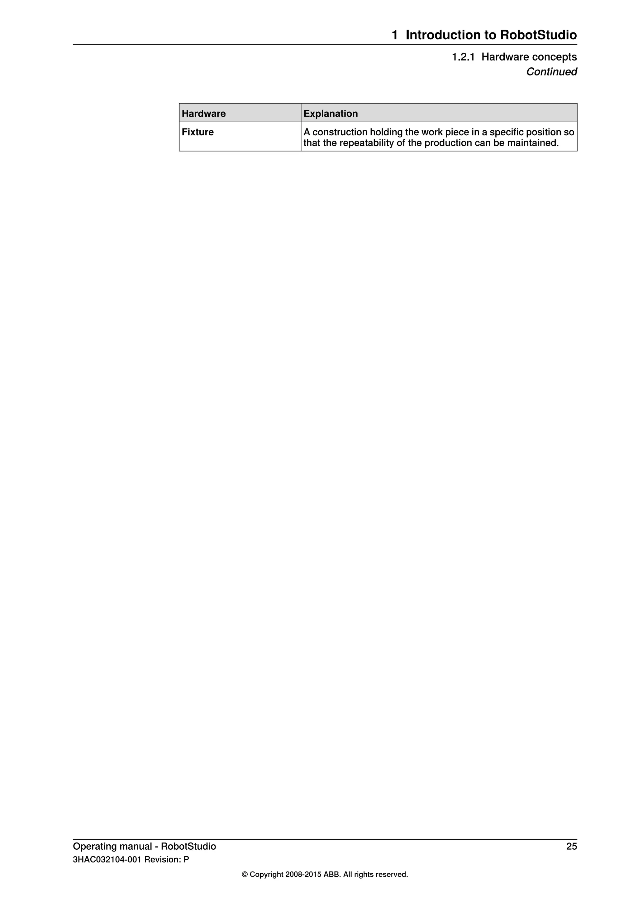 ExplanationHardware
A construction holding the work piece in a specific position so
that the repeatability of the production can be maintained.
Fixture
Operating manual - RobotStudio 25
3HAC032104-001 Revision: P
© Copyright 2008-2015 ABB. All rights reserved.
1 Introduction to RobotStudio
1.2.1 Hardware concepts
Continued
 